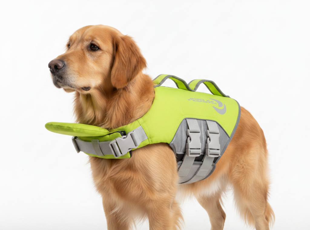 ThinkPet Green Dog Life Jacket - Adjustable Reflective Floating Vest (Large)