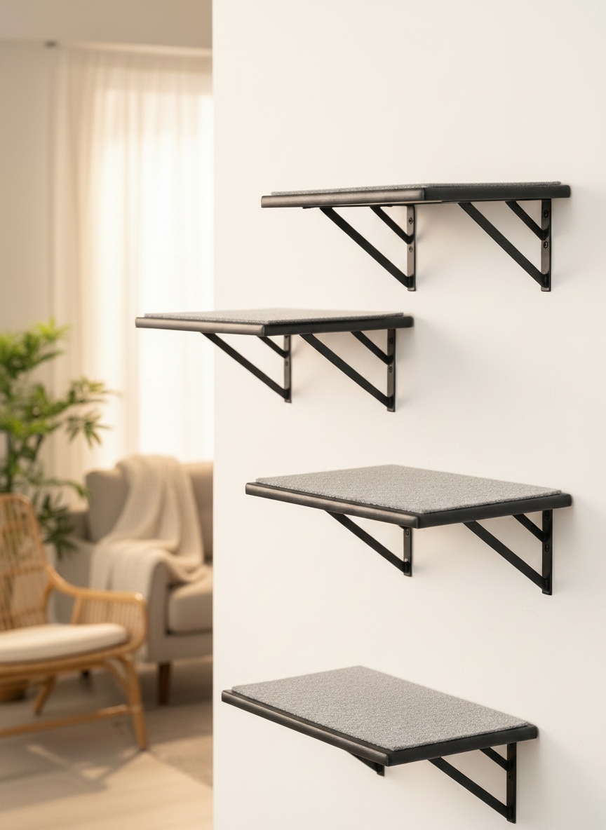 Set of 4 Black Wood Cat Wall Shelves
