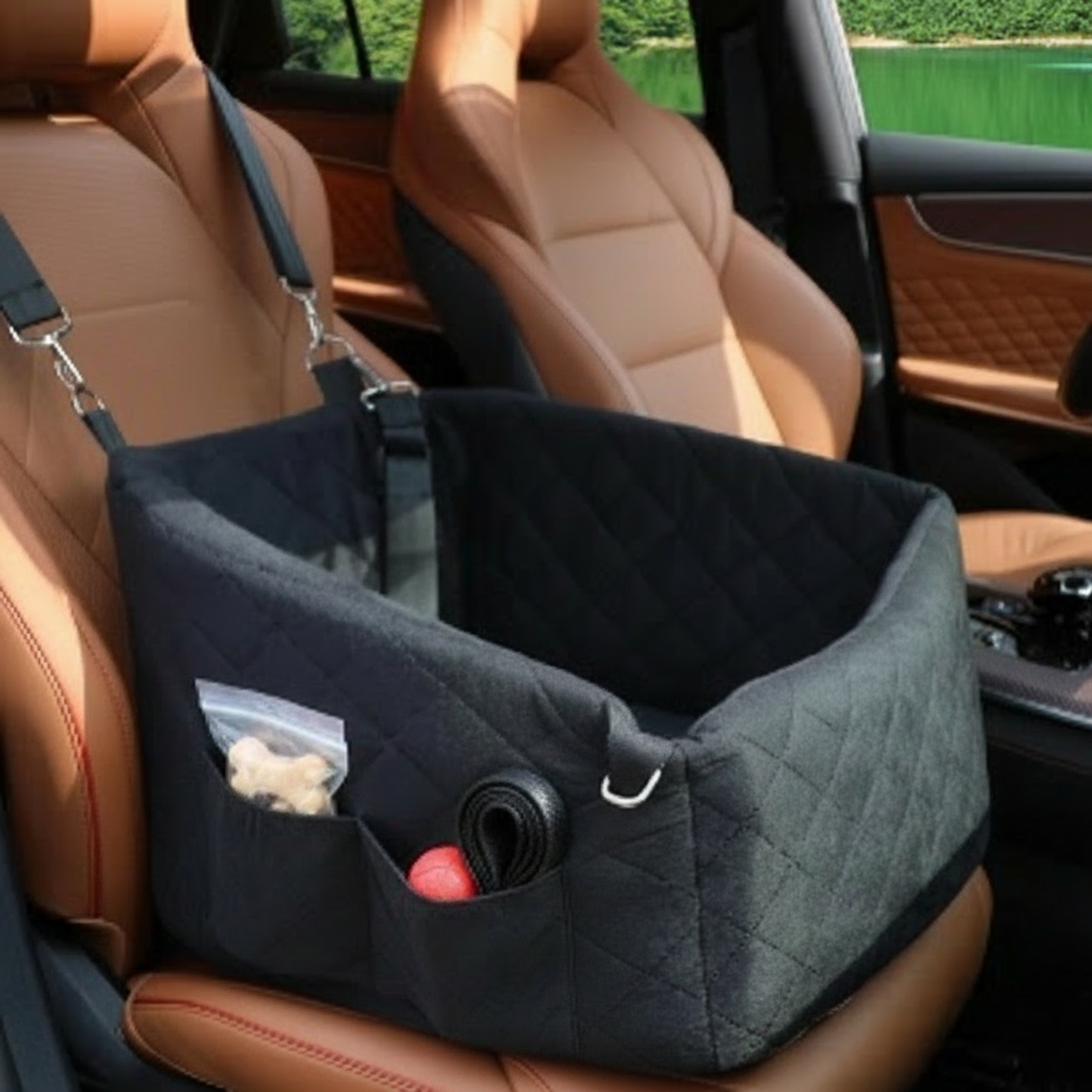 XBwig Small Dog Car Seat for Under 30lbs Dog Booster Seat Detachable Washable Pet Car Seat with Safety Leash and Storage Pockets Black Puppy Travel Bed